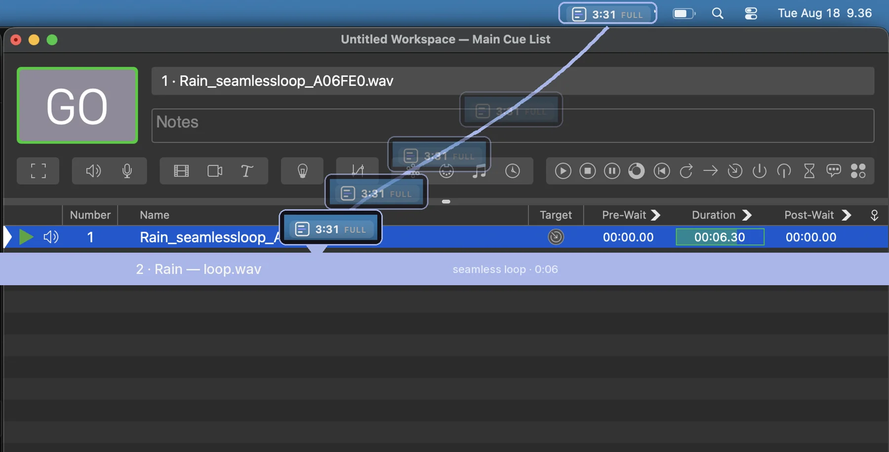 Dragging the SOUNDINDX menu bar card into a QLab cue list